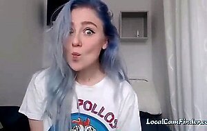 Blue haired cam girl sucks